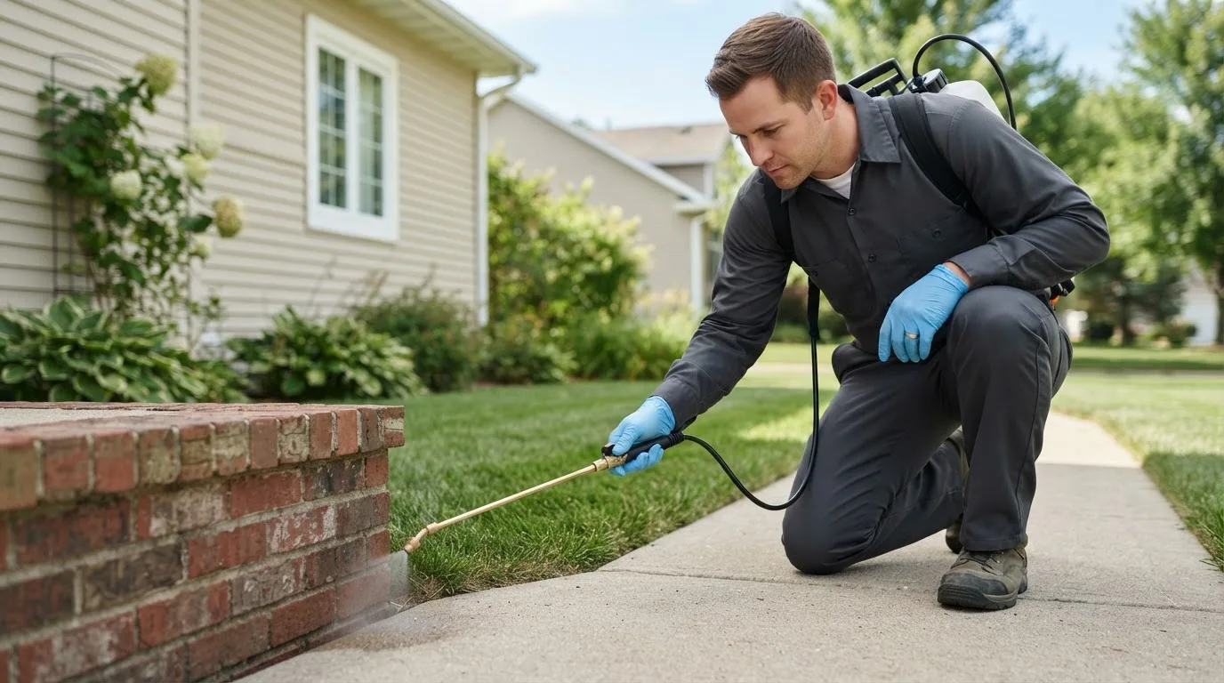Pest control technician treating a home near Sharpes, FL